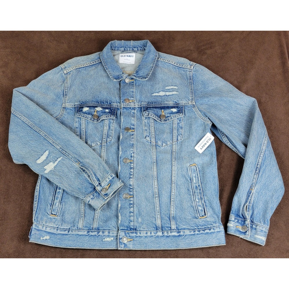 Old Navy Mens NWT Denim Trucker Jacket Distressed Light Blue 792739-00 Large